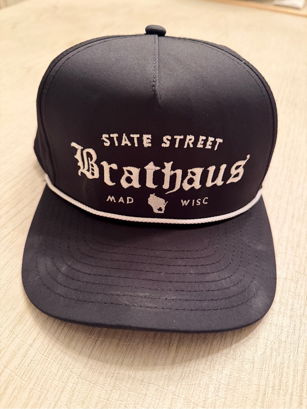 State Street Brathaus Black & White Trucker Snapback Hat Madison, WI Badgers